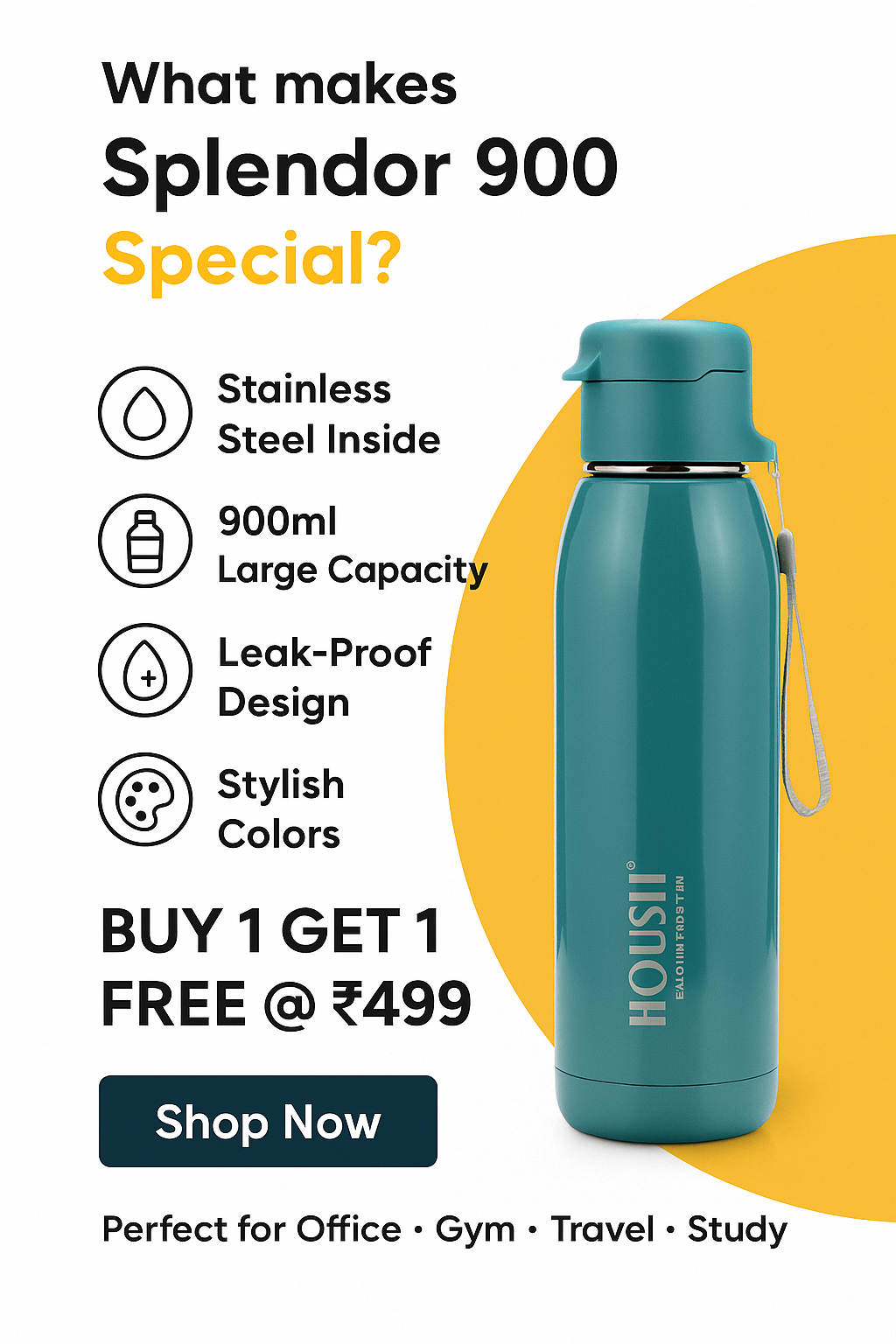 Splendor 900ml Stainless Steel Inner Water Bottle - Durable Leak-Proof Hydration